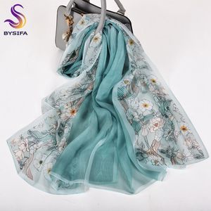 Sarongs Bean Green 100% Silk Chiffon Babushka Lady Women's Chief Brand Officer Long Scarf Beach Shawl Orton Winter Women's Flower Design Scarf 230725