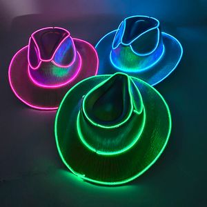 Chapéus de festa sem fio discoteca luminoso led chapéu de vaqueira de noiva boné de barra de luz brilhante acessórios para festa de despedida de solteiro piscando neon chapéu de vaqueiro ocidental 230724