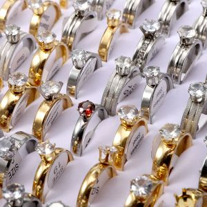 20/PCS Parlak Beyaz Taş Düğün Çift Yüzük Altın Gümüş Karışımı ve Eşleştir Paslanmaz Çelik Lover Kadın Nişan Takı Toptan
