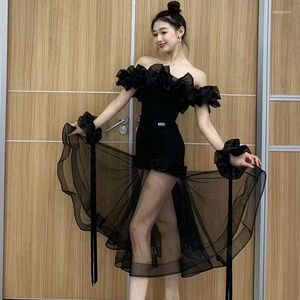 Stage Wear Black Mesh Ballroom Dance Dress Ruffles Off Shoulder Latin Competition Prom Waltz Costume BL8312