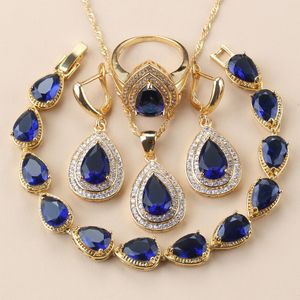 Conjuntos de Jóias de Casamento Ouro Conjunto de Jóias Africanas Pedra Azul Gota de Água Pulseira Feminina Acessórios Femininos Colar e Brincos 230725