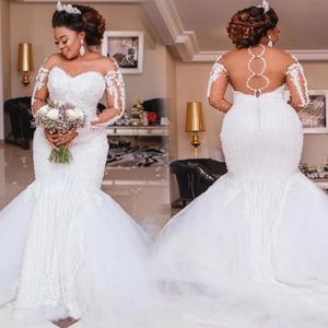 Vestidos de Noiva Brancos Plus Size Marfim Vestidos de Noiva Formais Sereia Trompete Manga Longa Aplique de Tule Novo Botão Ilusão Personalizado com Contas no Pescoço