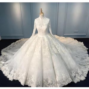 Splendido abito da ballo in pizzo abiti da sposa maniche lunghe collo alto abiti da sposa appliqued corte dei treni paillettes tulle robes de mariee298U