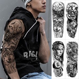 Grande manica del braccio tatuaggio uccello corvo foresta luna impermeabile tatuaggio temporaneo adesivo leone lupo orologio body art pieno tatuaggio finto uomini