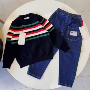 Primavera e autunno Nuovo vestito per bambini Manica lunga Maglione ricamato Girocollo Nastro Jeans Coreano Tempo libero Moda Abbigliamento per bambini