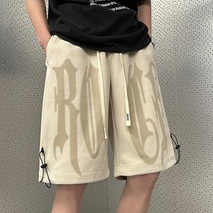 Shorts de camurça retrô para homens com cordão design com letras impressas calças esportivas casuais calças curtas fashion streetwear masculino folgado