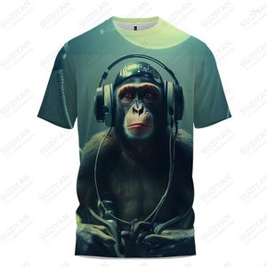 Camisetas masculinas de verão usando fones de ouvido Macaco Estampa 3D Tendência da moda casual