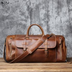 Duffel Bags Vintage äkta läder Mäns resväska Crazy Horse Leather Bagage Bag Stor kapacitet Topp denim handväska crossover NZPJ 230724