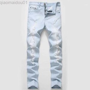 Jeans Masculino Jeans Masculino Moda Streetwear Masculino Masculino Directly Canister Elástico Force Pants Azul Claro Buracos Hip Hop Jean1 L230725