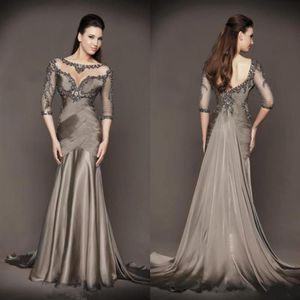 Designer Grey Mermaid Mother of The Bride Dresses 3 4 Long Sleeve Lace Appliqued Beads Pleats Wedding Guest Dresses245q