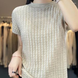 Camisetas femininas de imitação fina de lã com decote redondo primavera verão pulôver solto confortável malha fina manga curta