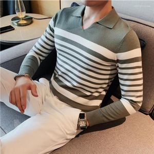 Suéteres masculinos 2023 estilo britânico inverno masculino tricô térmico/masculino ajuste fino moda listrado pulôver com decote em V masculino suéter de mangas compridas