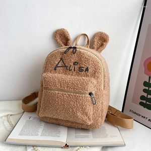 Schultaschen, personalisierte Stickerei, flauschiger Rucksack, flauschige Plüschtasche mit Ohren, Reißverschluss, offene Schulter für Mädchen