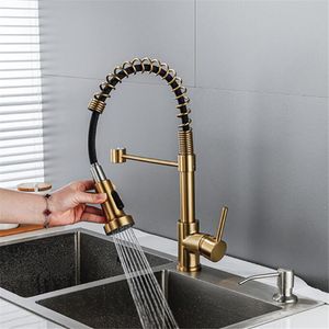 Kitchen Faucets Brushed Gold Brass Faucets for Kitchen Sink Single Lever Pull Out Spring Spout Mixers Tap Hot Cold Water Crane