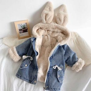 Down Coat Kids Girls Furs Hooded Coats Plus Velvet Thick Denim Children Snow Clothes Long Parkas Girls Warm Outfits Girls Clothing 2-8Year HKD230725