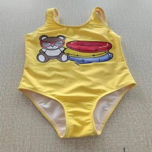 Lovely Girls Brand Yellow One-Pieces Swimsuit Letters Printed Kids Bathing Suits Cartoon Bear Baby Girl Beach Swimwear Children Ch226B
