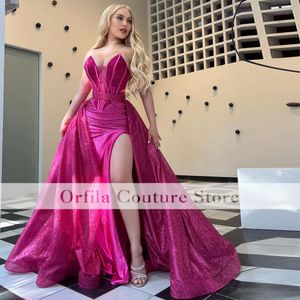 Hot Pink Spittly Prom Dress Mermaid 2023 Sexig Slit Robe de Soiree Evening Wear Arabic Middle East Ceremony Party klänningar