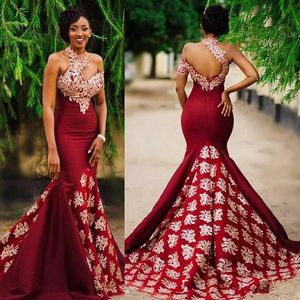 Aso Ebi Style Dark Red Sexy Mermaid Evening Pageant Dresses Modest Lace High Neck Backless Sweep Train Trumpet Africa Prom Party G252K