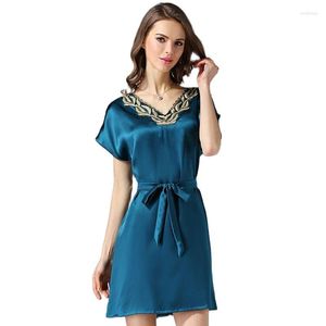 Женская одежда для сна S55121 Оптовая торговля весной и летней шелковой одеждой Элегантная кружевная ночная рубашка с короткими рукавами