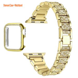 Bling Diamond Apple Watch Band 38mm 40mm 41mm 42mm 44mm 45mm 49mm + Durum Kadın Mücevher Rhinestone Yedek Metal Kayışı 2 Paket PC Koruyucu Kılıf Iwatch Serisi 8 7 6 5