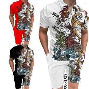 Herrspårar Summer Mens Sports Shorts Polo Ställer in 3D HD Digital Tryckt Polyester Kortärmad Polos mysiga T-shirts Toppar Men Tracksuit