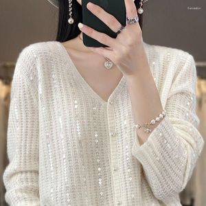 Frauen Strick Pullover Strickjacke Mantel V-ausschnitt Pailletten Perle Schnalle Tops Weiblichen Frühling Herbst Korean Fashion Solid Langarm Strickwaren