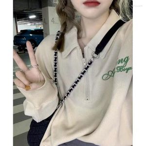 Kvinnors hoodies vintage brev tryck polo tröja kvinnor harajuku preppy stil khaki hoodie koreanska streetwear långärmad tshirts