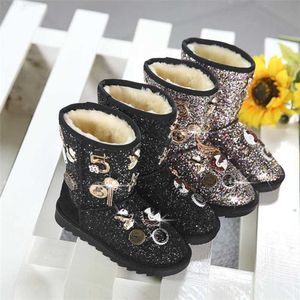 Boots Shoes Winter Children Kids Girls Cotton Boots Teenager Velvet Thicken Warm Boots Cute Metal Decoration for Kids Christmas Gifts Z230726