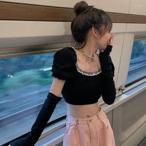 Women's T Shirts Summer Clothing Women Tops Spicy Sweet Girl Bubble Sleeve Square Neck Slim Lace Short T-shirt Crop Top Sleeves