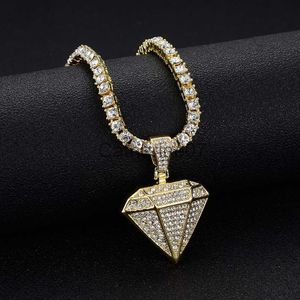 Pendant Necklaces 1pc Shiny Rhinestone large Diamond Shaped Pendant Necklace with Tennis Chain for Men andWomen for Party Jewelry J230725