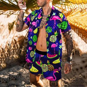 Fatos masculinos moda homens havaianos conjuntos verão fruta impressão manga curta botão camisa praia shorts dois conjunto casual férias mens 2 peça terno 230724