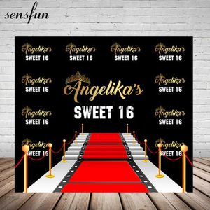 Background Material Sensgun Red Carpet Sweet 16 Birthday Party Photography Background Gold Name Crown Black Background Photo Studio Vinyl x0724