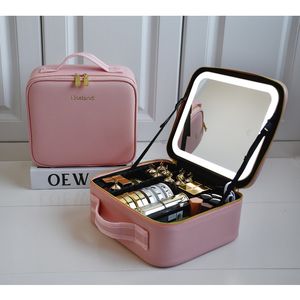 Cosmetic Bags Cases Smart LED Makeup bag Com Mirror For Women Compartiments Large Capacity Waterproof PU Leather Travel Case 230725