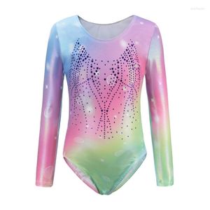 Gym Clothing Girls' Long Sleeve Ballet Gymnastics Leotard High Stretch Gradient Print Sparkly Tumbling Dancewear Bodysuit For 5-12 Years