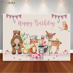 Bakgrundsmaterial Woodland Happy Birthday Bakgrund Söt Animal Fox Bear Wildlife Park Photography Bakgrund Pink Flower Dessert Table Decoration Props X072