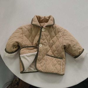 Down Coat 2023 Autumn Winter Toddler Boys Coat Cotton Thick Plaid Border Outerwear Single Breasted Warm Loose Infant Boys Outfits HKD230725