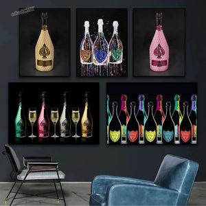 Mode lyxig champagne flaska duk målning konsttryck väggkonsttryck bild lyxig bar affisch hem matsal dekor w06