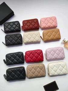 Designer de moda de luxo porta-cartões femininos com aba dobrável padrão clássico caviar pele de cordeiro atacado mulher negra pequena mini carteira bolsa cor seixo couro com caixas