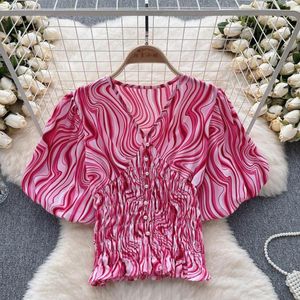 Women's Blouses Sweet Ladies Contrast Color Striped Shirts Summer Puff Short Sleeve Sexy V-Neck Beading Elastic Waist Tops