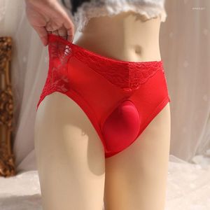 Underpants Sexy Men's Lace Briefs Underwear Breathable 3D Padded Hidden JJ Protective Cover Big Dimensional Mesh Silky Underpant Lingerie