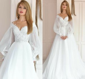 A-Line Tulle Wedding Dress Sheer Lace Appliques V-Neck Long Lantern Sleeves Romantic Bridal Gown 2023 Vestido de Noiva