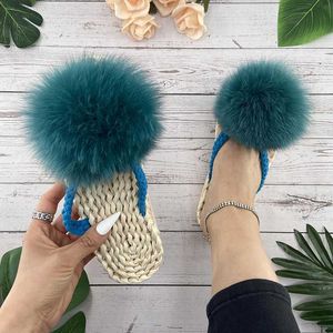 Slippers Straw Flip Flops Beach Ladies Shoes Summer Fluffy Slippers Fur Pom Pon Flat Sandals Real Fox Fur Luxury Slides 2022 New L230725