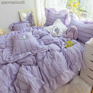 Conjunto de roupa de cama princesa roxo luxo capa de edredom cor sólida capa de linho cama king size queen conjunto de lençol mulher menina conjunto kawaii L230704