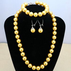 Necklace Earrings Set Golden Yellow Glass Pearl 12mm 18"bracelet 7.5" Earring Women Jewelry Making Gift