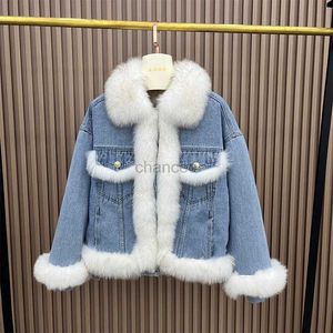 Parkas femininas de inverno jeans branco jaquetas de penas de pato com natrual gola de pele de raposa real senhora moda coreana casacos femininos de luxo outwear HKD230725