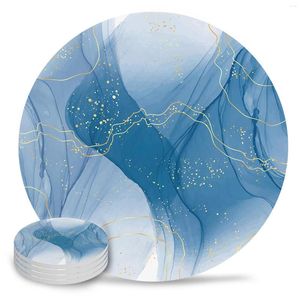 Table Mats Marble Line Blue Gradient Round Ceramic Drink Cup Coffee Pad Tea Mat Dining Placemat Decoration 4PCS