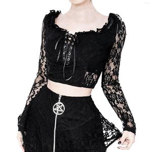 Damen T-Shirts Frauen Sexy Rundhals Gothic Retro Elegante schwarze Spitze Langarm Top Shirt