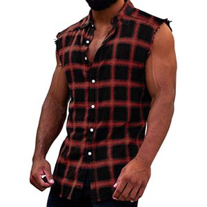 Men S TANK TOPS SOMMER Fashion Casual Plaid Print ärmlös T -shirt Vest Buckle Sanding Korean Style Mens Beach 230724