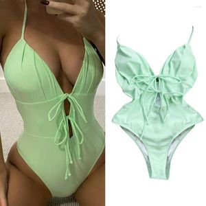 Women's Swimwear Bikini Padded Lace Up Solid Color One Piece Women Swimsuit For Pool Party