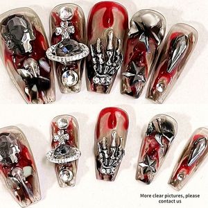 Falsche Nägel, Punk-Rock-Schädel-Design, falsche Nagelspitzen für Halloween, Nägel drücken, Y2K, handgefertigt, mittellanger Sarg, wiederverwendbar, mit selbstklebenden künstlichen Nägeln, 230724